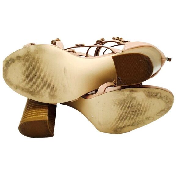 Nicole Miller Daisy Strappy Sandals Flower Embellishments 10 Block Heel Tan - Picture 12 of 12